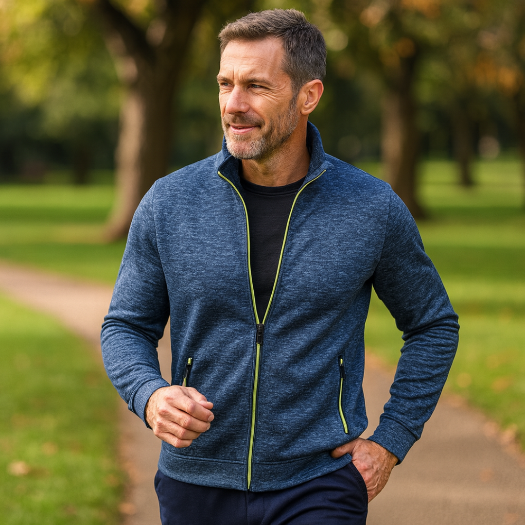 Navy Blue Heathered Knit Zip-Up Jacket worn outdoors lifestyle