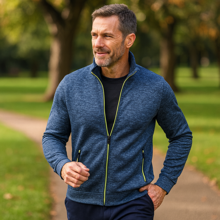 Navy Blue Heathered Knit Zip-Up Jacket worn outdoors lifestyle