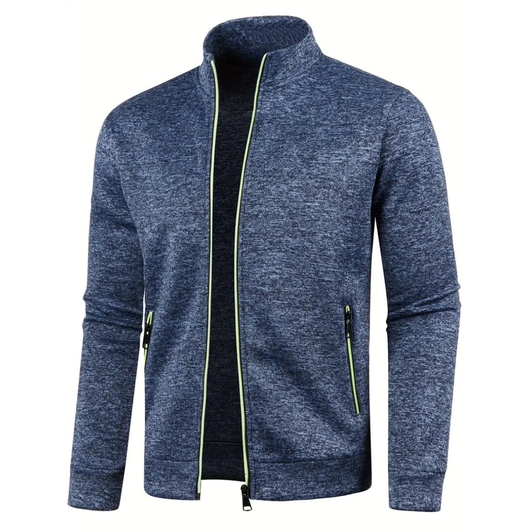Navy Blue Heathered Knit Zip-Up Jacket front view