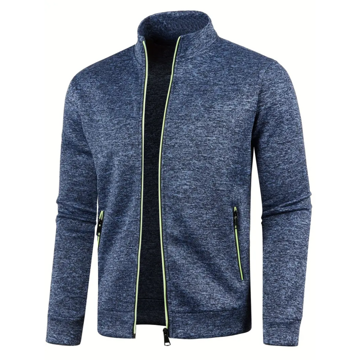 Navy Blue Heathered Knit Zip-Up Jacket front view