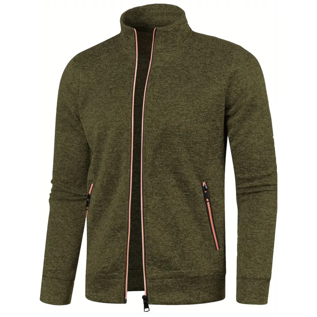 Military Green Heathered Knit Zip-Up Jacket front view
