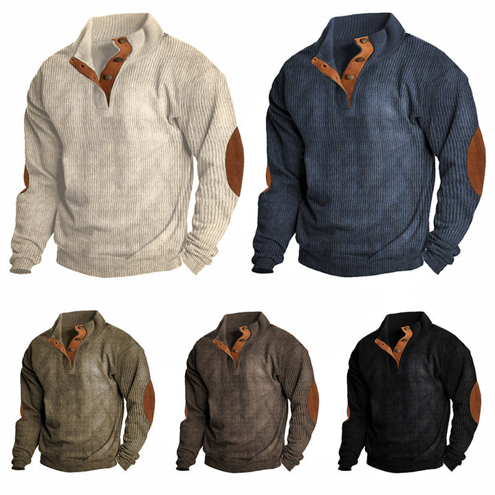 Beige heavyweight knit outdoor hiking sweater, front view