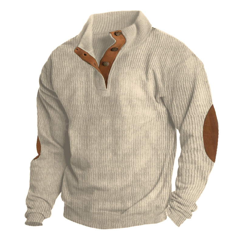 Beige heavyweight knit outdoor hiking sweater, fabric detail
