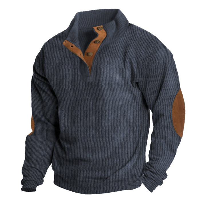 Blue heavyweight knit outdoor hiking sweater, front view