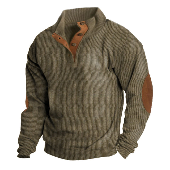 Khaki heavyweight knit outdoor hiking sweater, front view