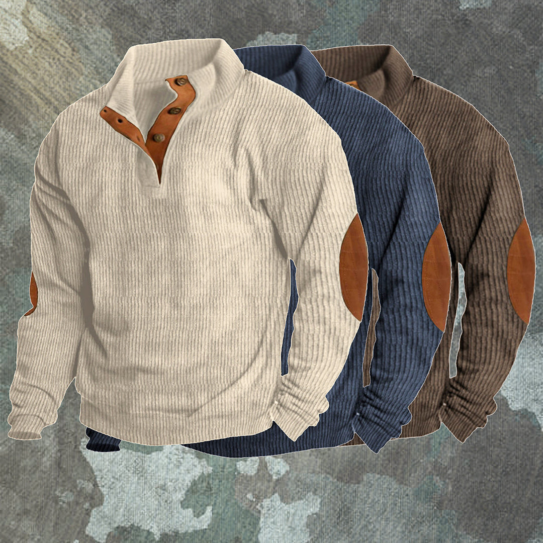 Beige heavyweight knit outdoor hiking sweater, styled outdoors
