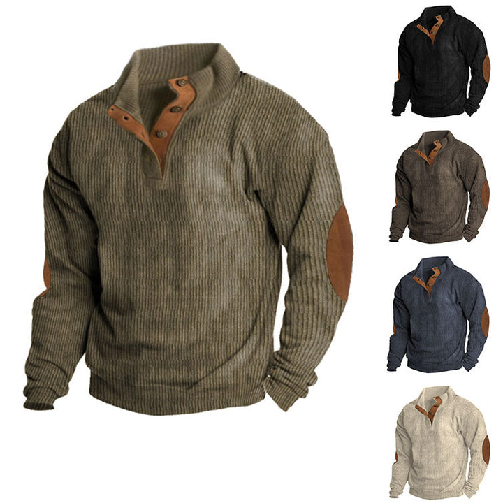 Beige heavyweight knit outdoor hiking sweater, close-up detail