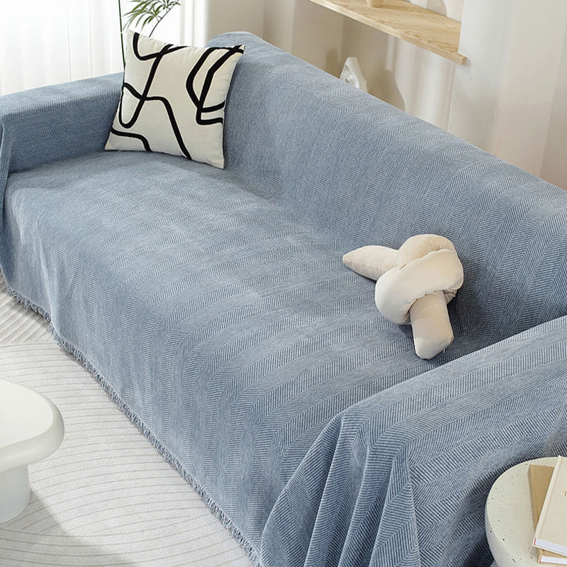 Blue Herringbone Chenille Sofa Throw with pillows