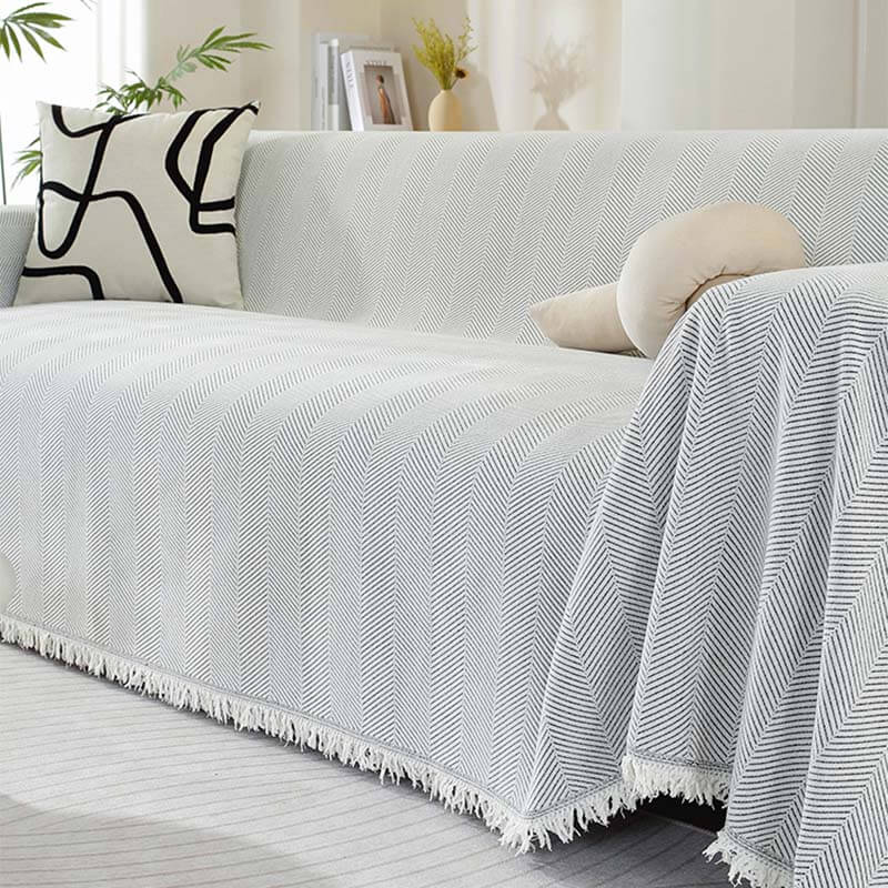 Light Grey Herringbone Chenille Sofa Throw with tassel edge
