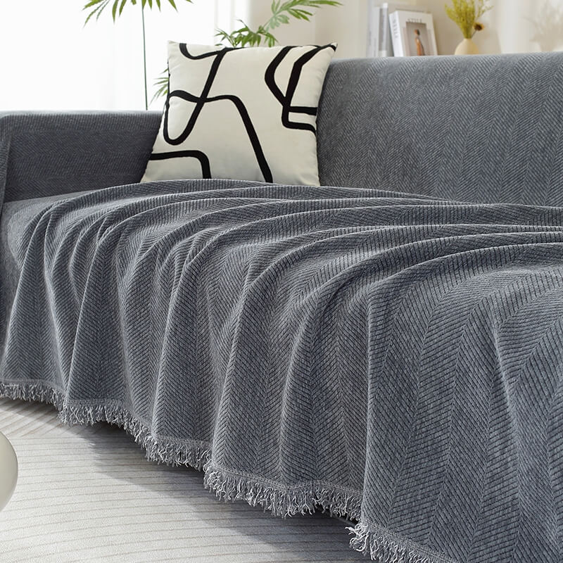 Grey Herringbone Chenille Sofa Throw with tassel edge