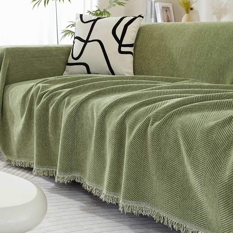 Green Herringbone Chenille Sofa Throw with tassel edge
