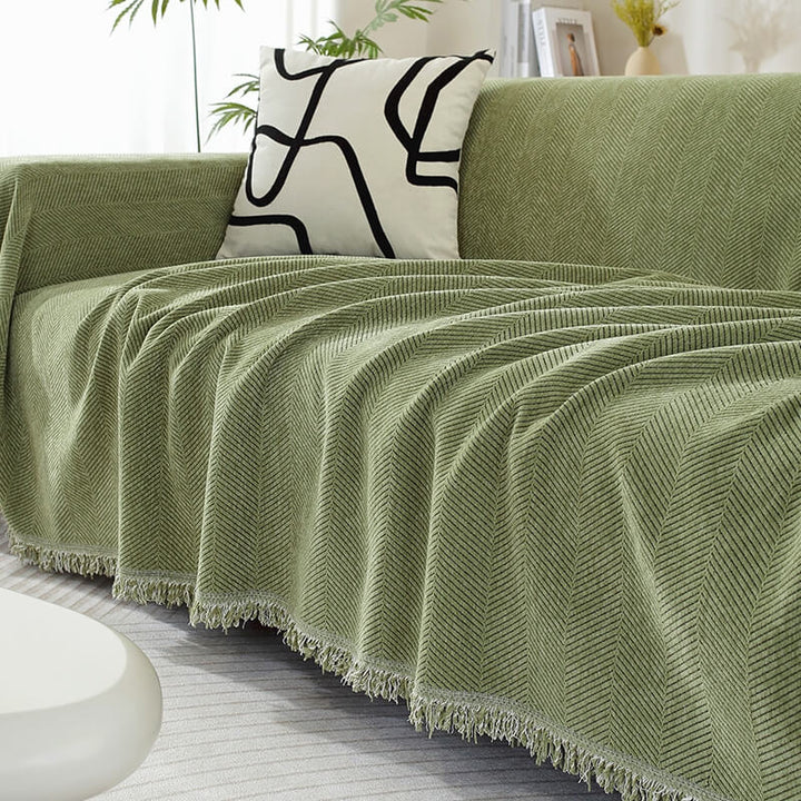 Green Herringbone Chenille Sofa Throw with tassel edge