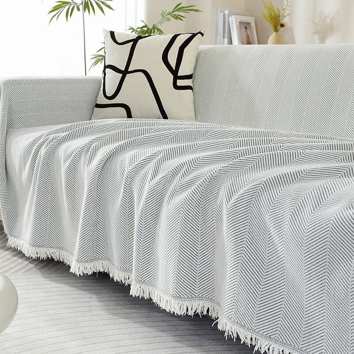Light Grey Herringbone Chenille Sofa Throw on sofa
