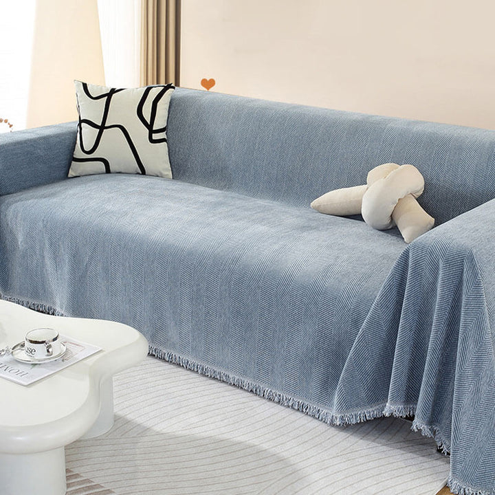 Blue Herringbone Chenille Sofa Throw covering sofa