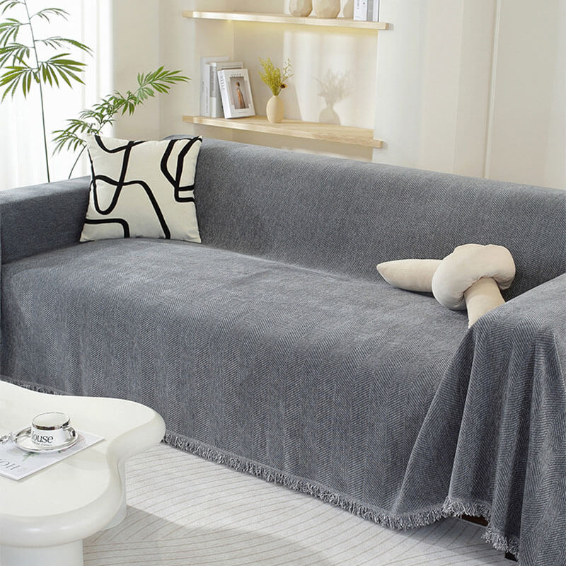 Grey Herringbone Chenille Sofa Throw covering sofa