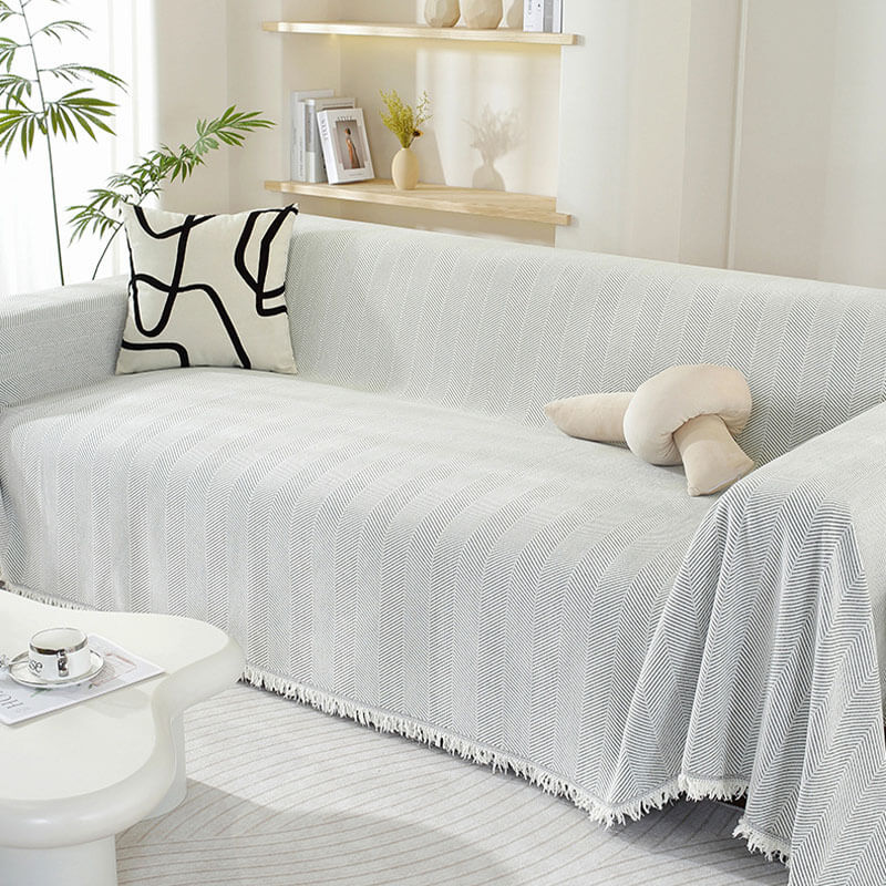 Light Grey Herringbone Chenille Sofa Throw covering sofa