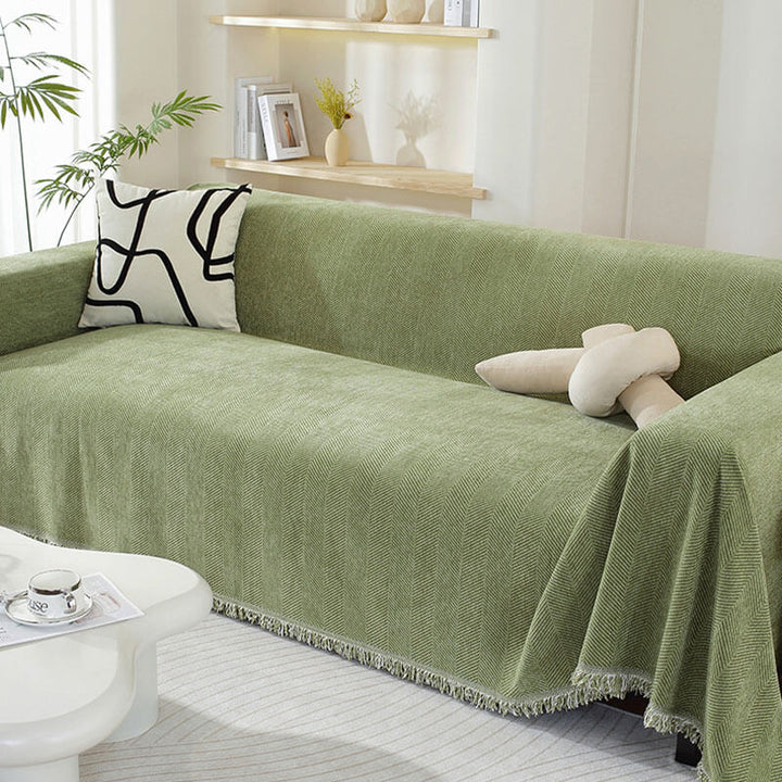 Green Herringbone Chenille Sofa Throw covering sofa