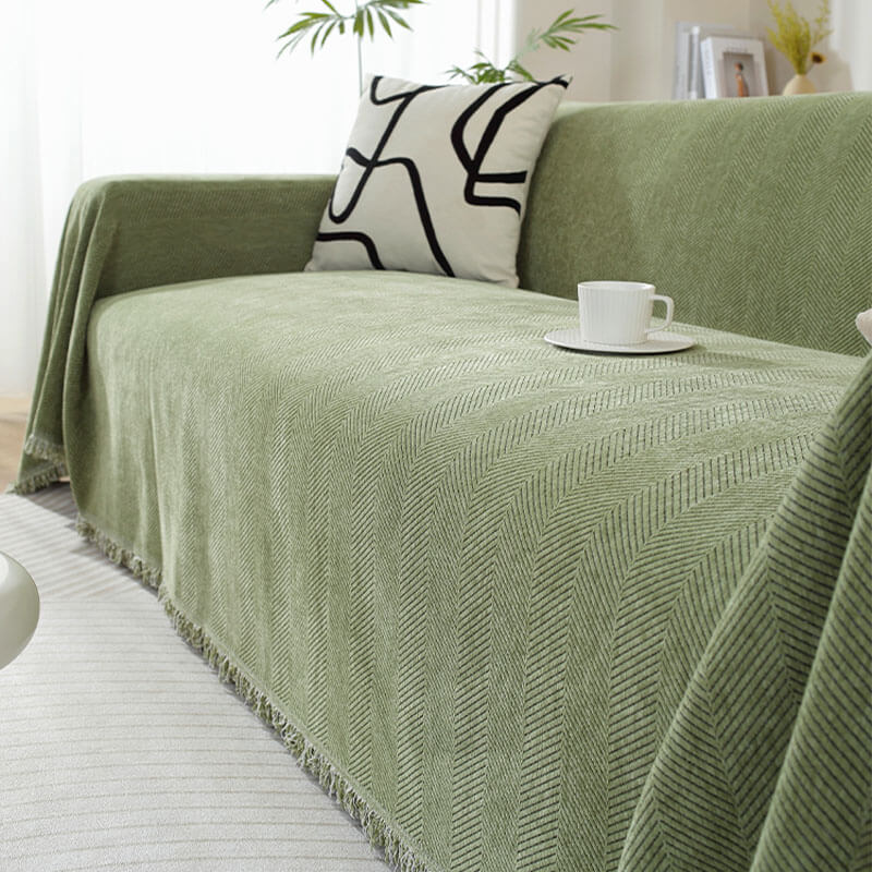 Green Herringbone Chenille Sofa Throw sofa side view