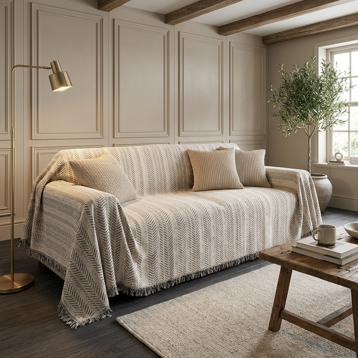 Beige Herringbone Sofa Cover draped over sofa