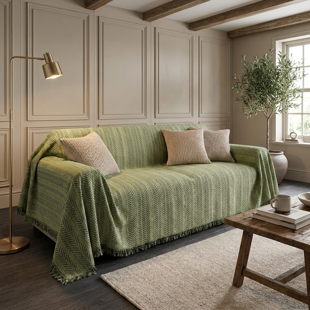 Green Herringbone Sofa Cover draped over sofa