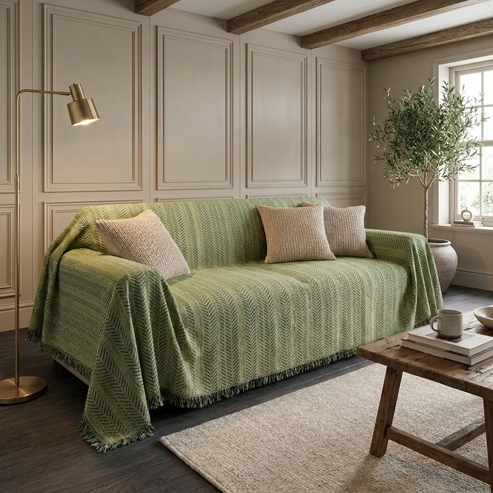 Green Herringbone Sofa Cover draped over sofa