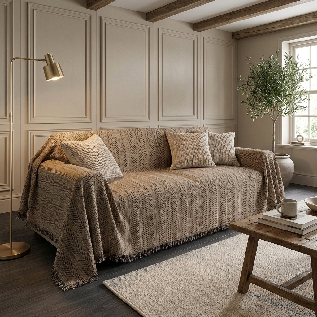 Brown Herringbone Sofa Cover draped over sofa