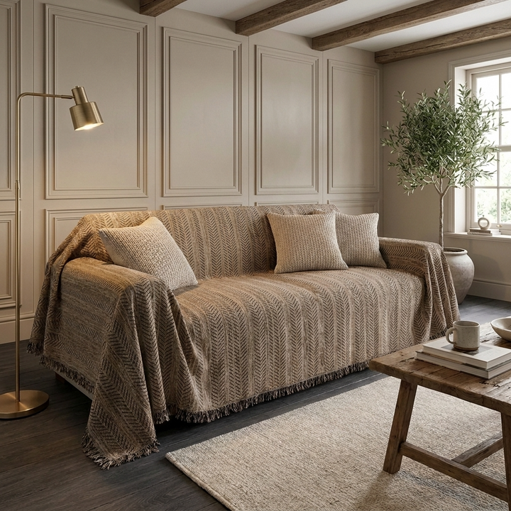 Brown Herringbone Sofa Cover draped over sofa