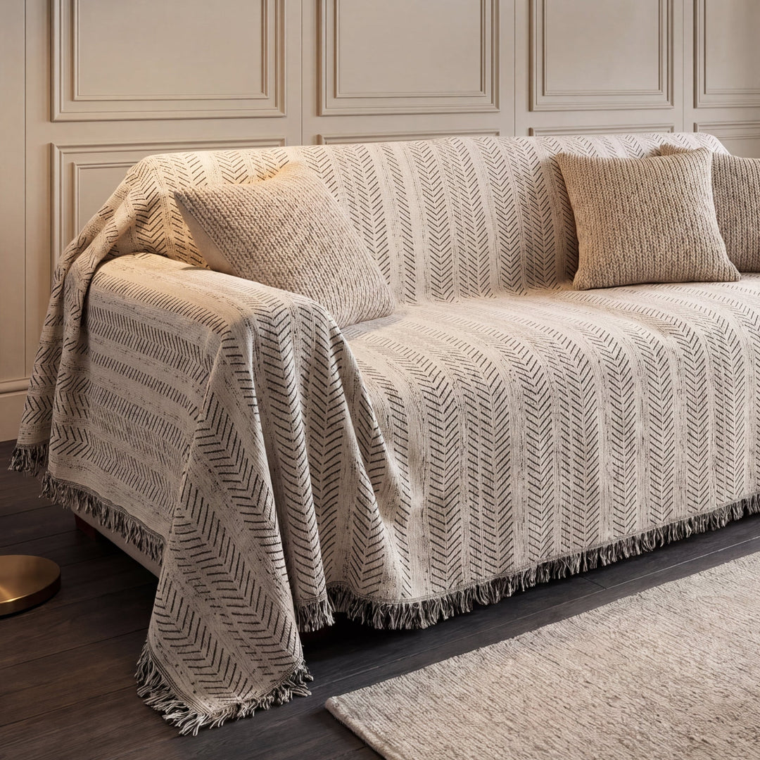 Herringbone Sofa Cover weave and fringe detail