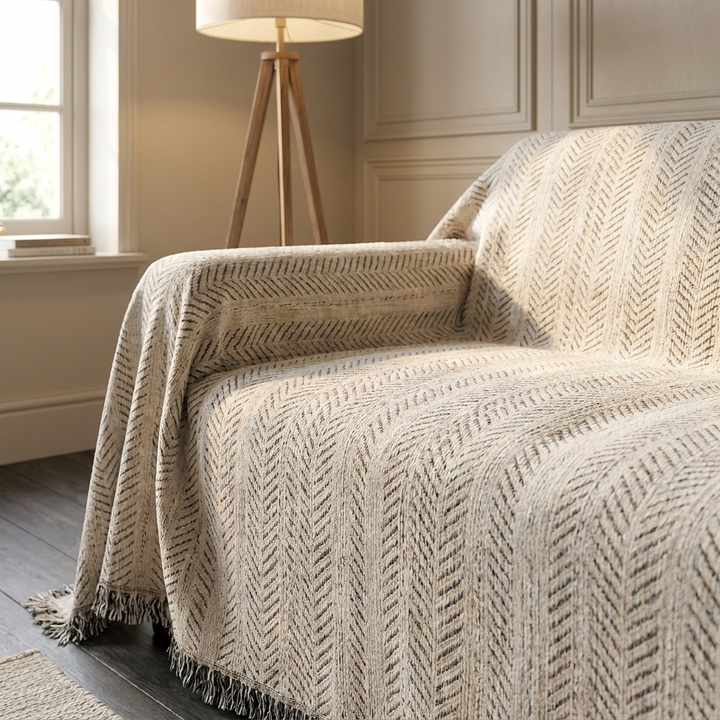 Herringbone Sofa Cover corner drape detail