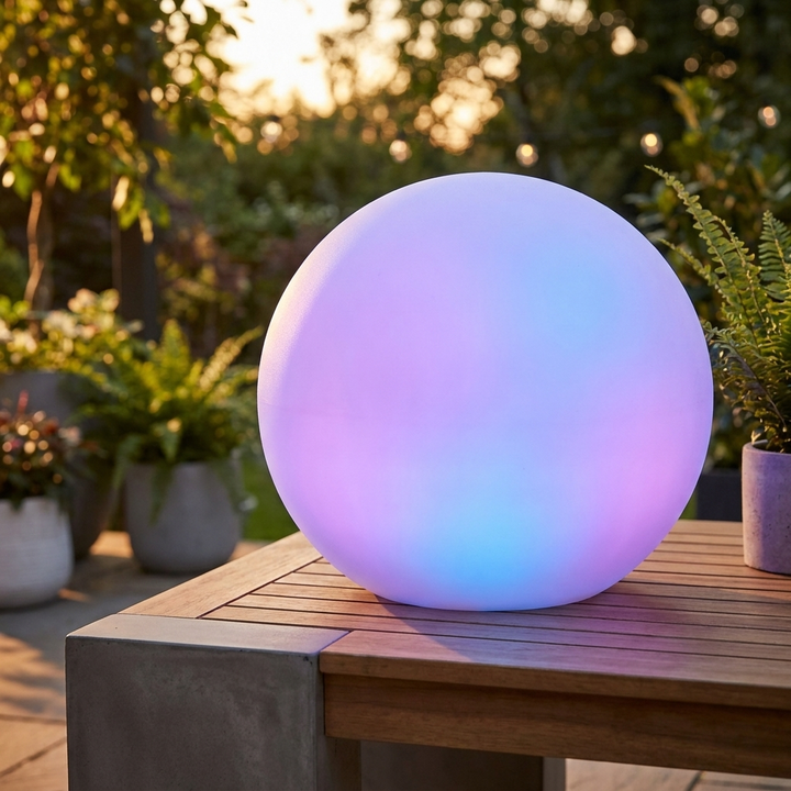 Ambient Waterproof LED Sphere Light glowing on outdoor patio at dusk