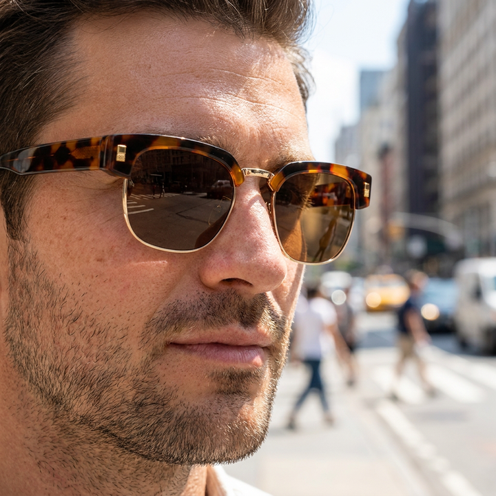 Classic Clubmaster Men's Sunglasses worn outdoors on urban street