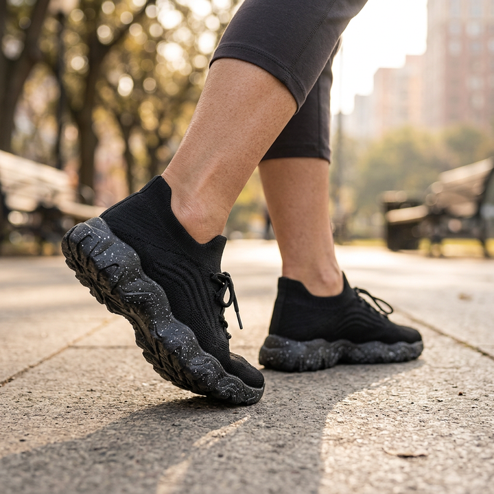 Woman walking comfortably in black orthopedic shoes