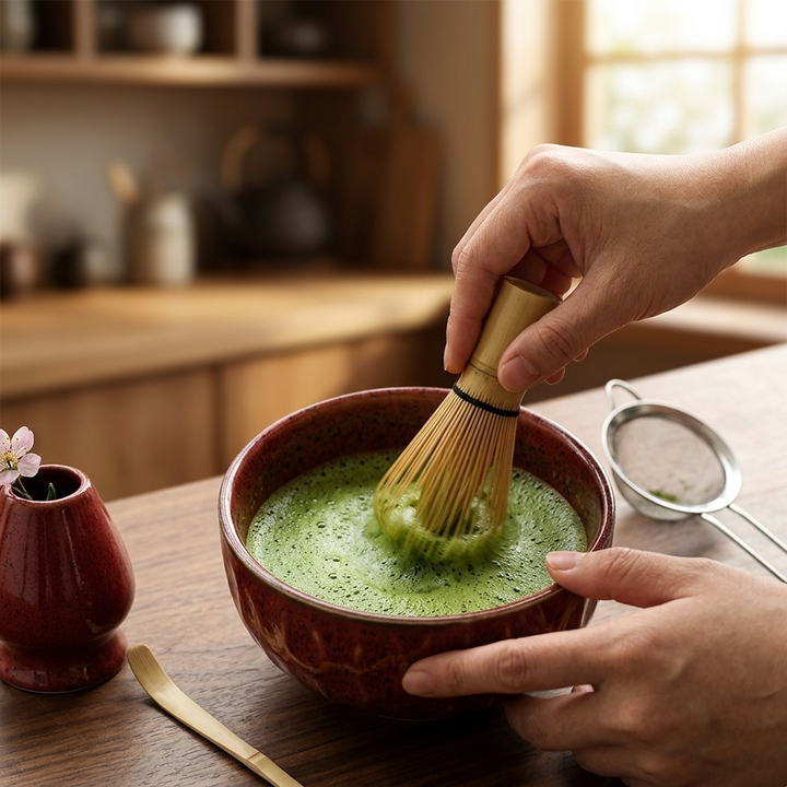 Dark Red Ceramic Matcha Ceremony Set lifestyle