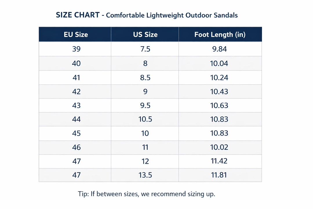 Size Chart - Comfortable Lightweight Outdoor Sandals