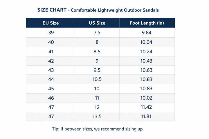 Size Chart - Comfortable Lightweight Outdoor Sandals
