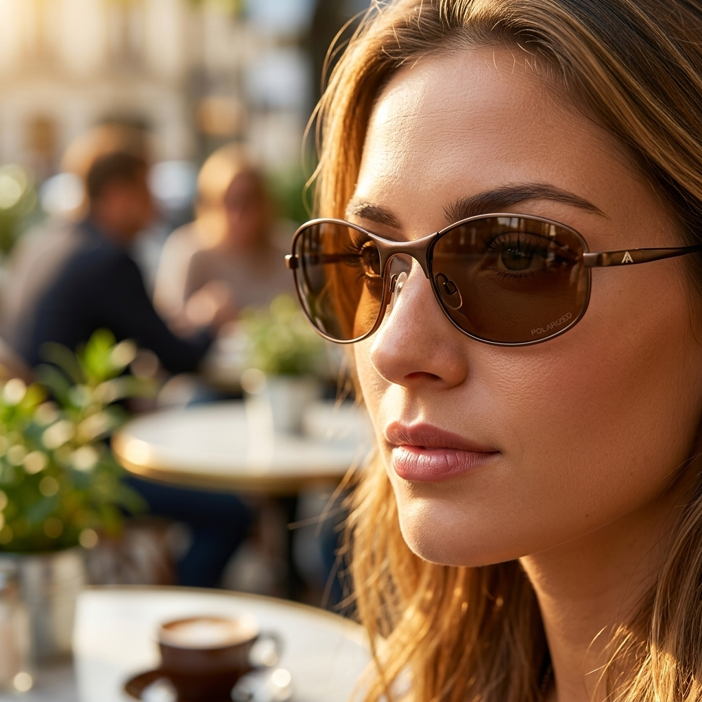 Bronze Half-Rim UV400 Metal Alloy Sunglasses lifestyle — outdoor café