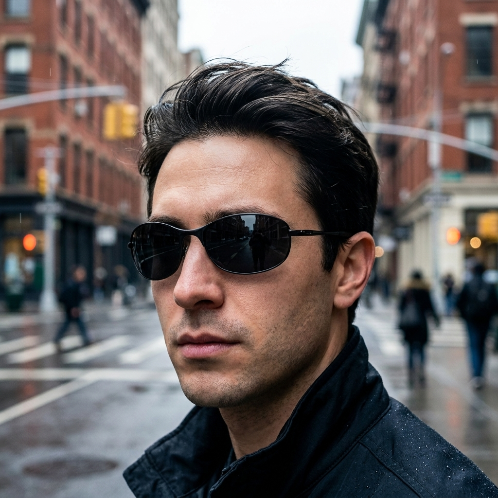 Black Half-Rim UV400 Metal Alloy Sunglasses lifestyle — city street