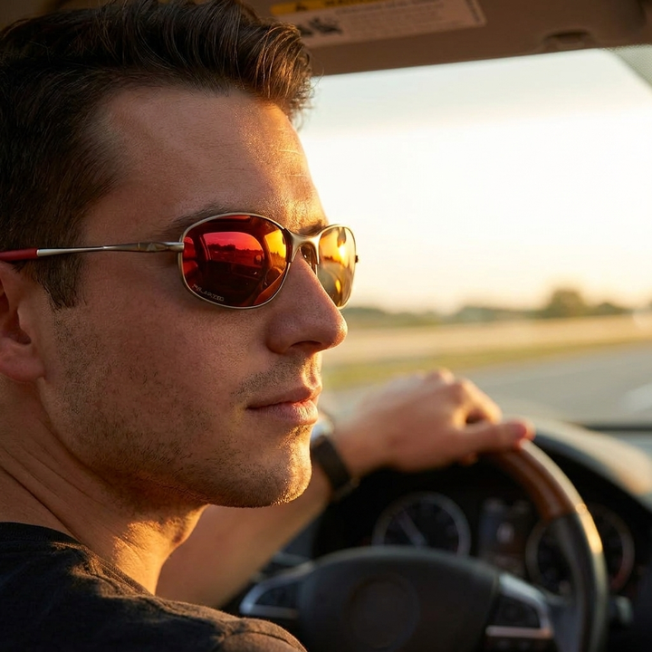 Red Half-Rim UV400 Metal Alloy Sunglasses lifestyle — driving