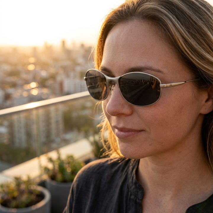 Silver Half-Rim UV400 Metal Alloy Sunglasses lifestyle — rooftop terrace