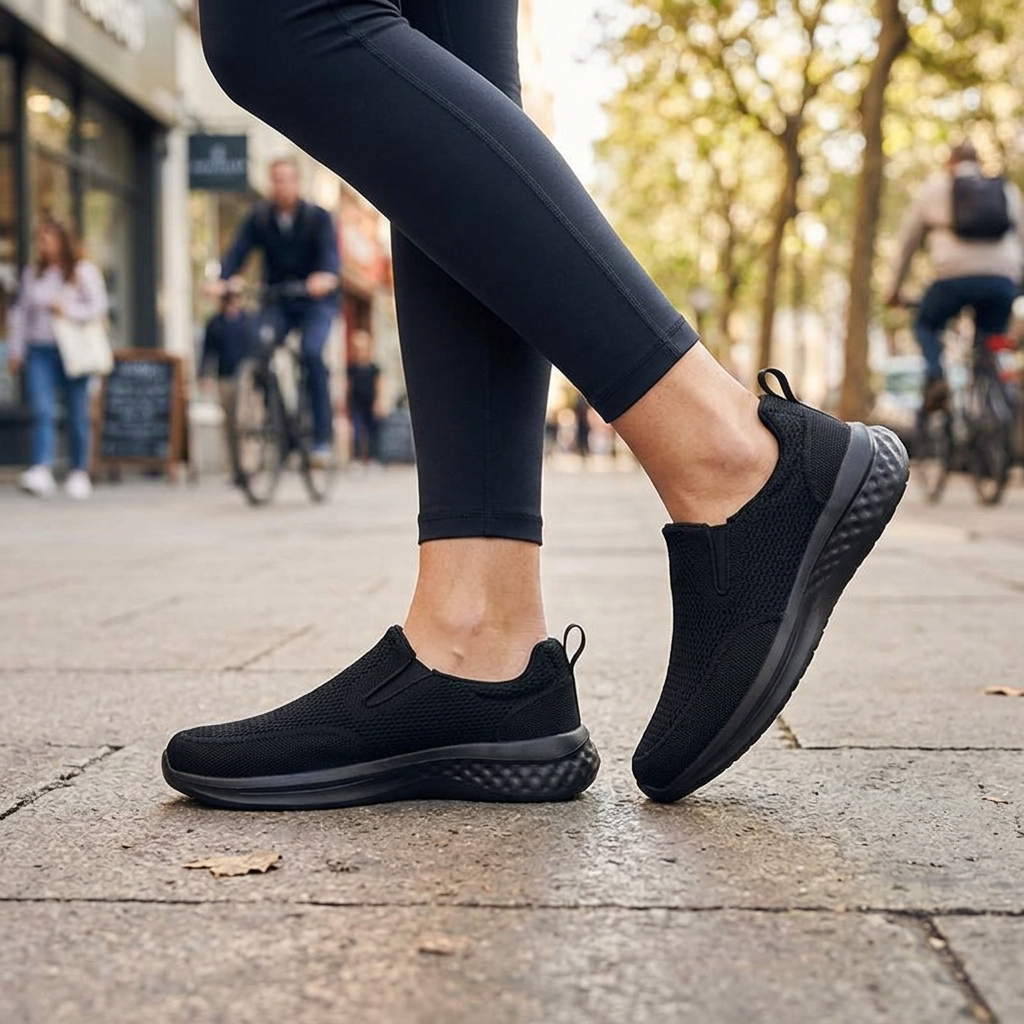 Black breathable slip-on sneakers lifestyle hero shot