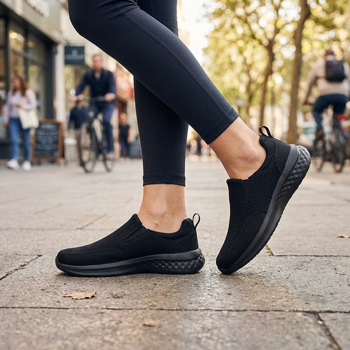 Black breathable slip-on sneakers lifestyle hero shot