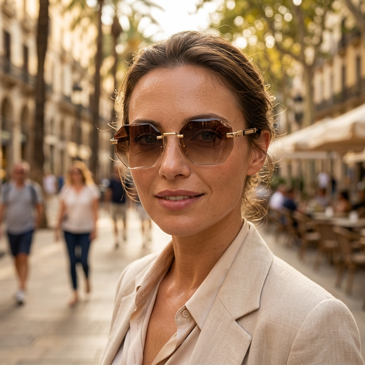 Bronze gold rimless octagonal sunglasses lifestyle hero shot