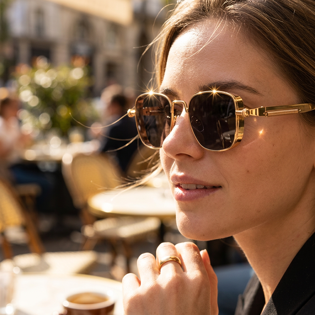 Gold square metal sunglasses lifestyle hero shot