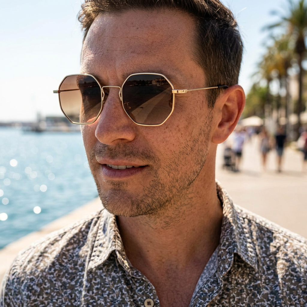 Bronze stainless steel sunglasses lifestyle hero shot