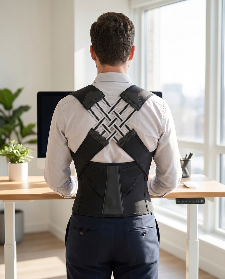 Black Adjustable Posture Support Brace worn over shirt lifestyle back view