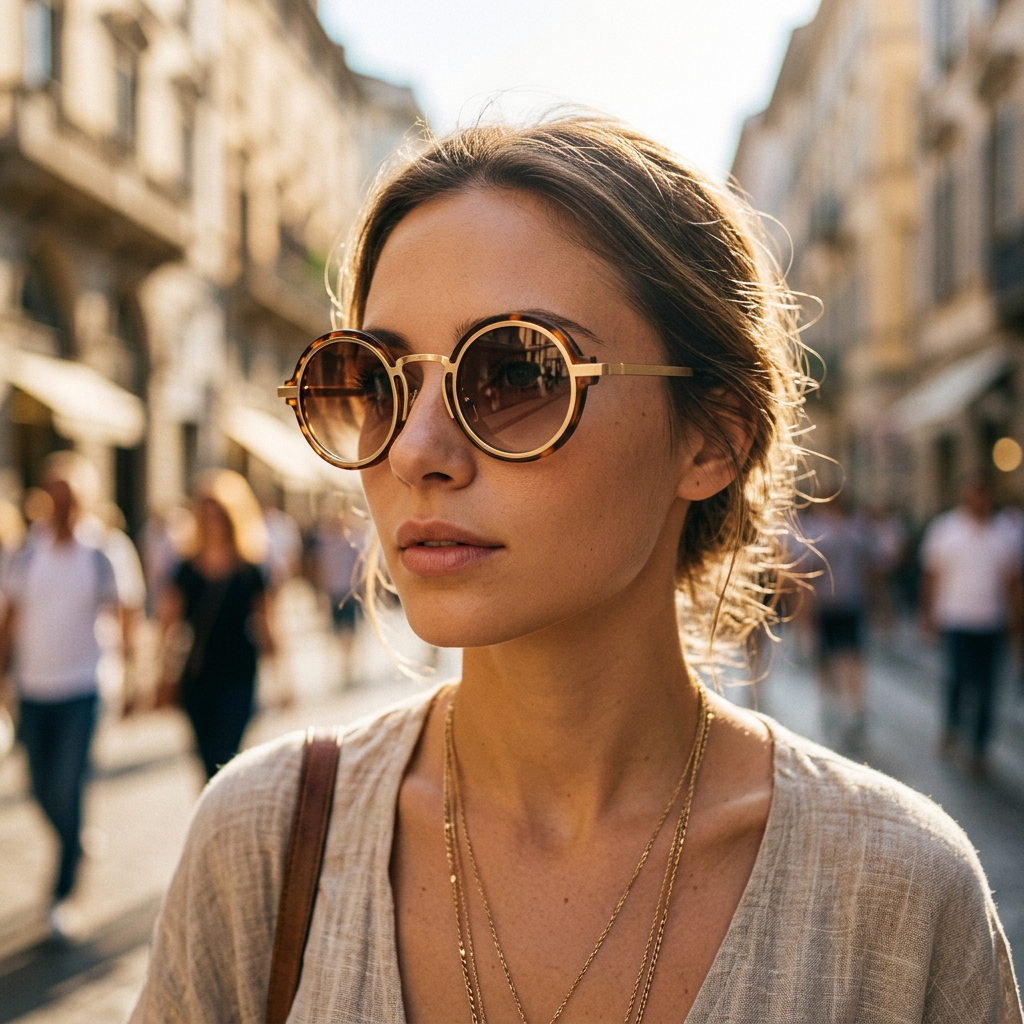 Gold vintage round sunglasses lifestyle hero shot