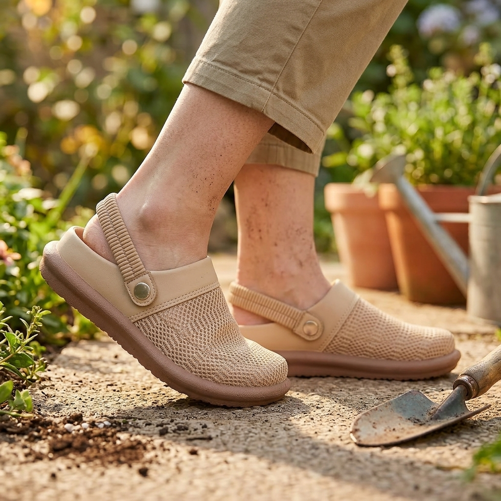 Beige breathable mesh clogs lifestyle hero shot