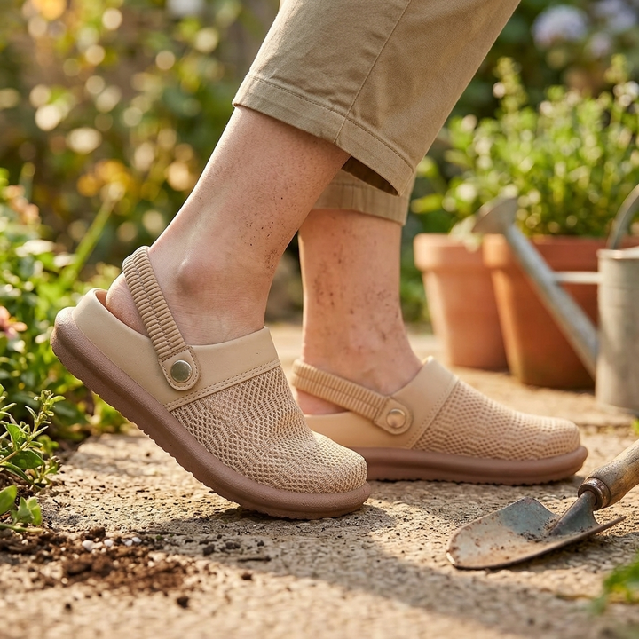 Beige breathable mesh clogs lifestyle hero shot