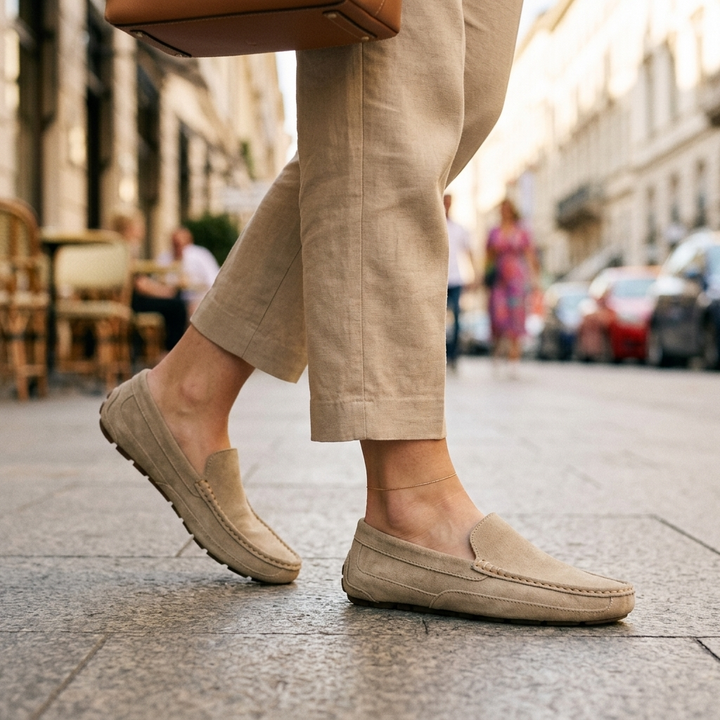 Beige suede loafers lifestyle hero shot
