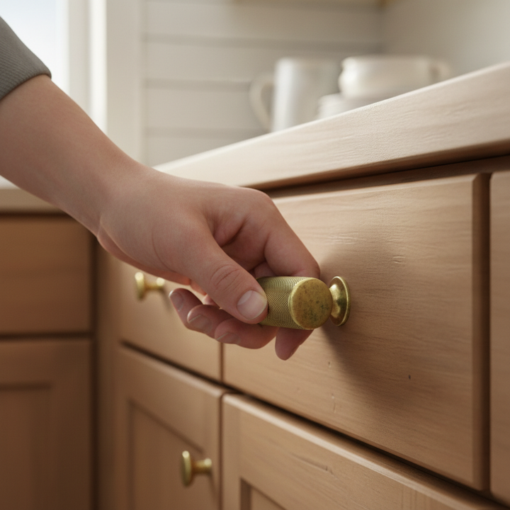 Solid Brass Knurled Cabinet Knob - Antique Brass - lifestyle
